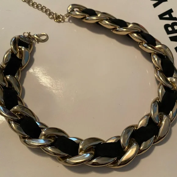 CLASSIC LOOK black gold ribbon chain necklace choker - Picture 2 of 2